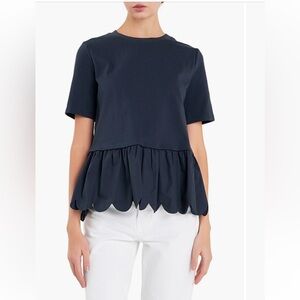 English Factory Mixed Media Scallop Cotton Top S